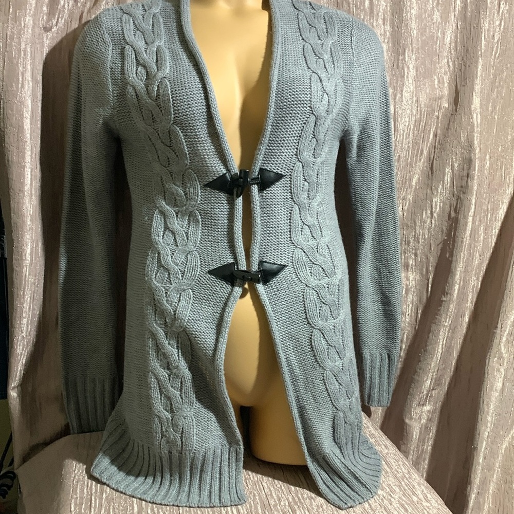 Yoki Sweater Long Cardigan L Gray Stretchy Long Sleeve Cable Knit Cotton Acrylic